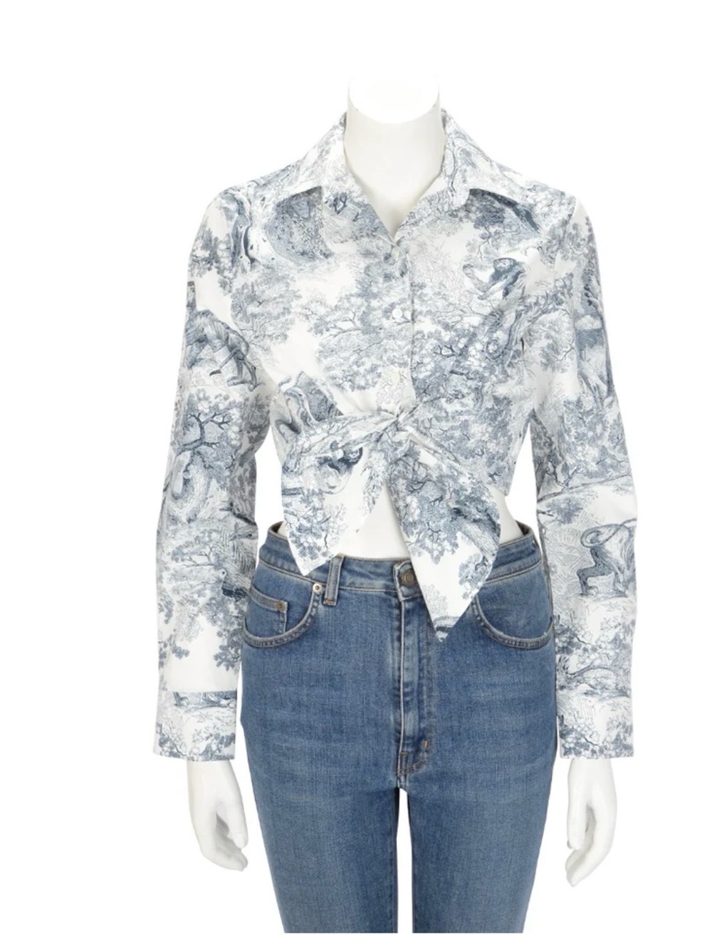 Cropped Tie-Front Button-Up Shirt - Blue Toile Print